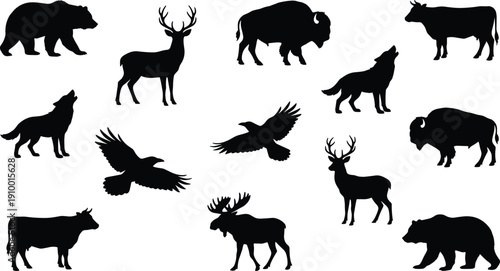 Wildlife animal silhouettes collection featuring bear, deer, bison, wolf, moose and birds, forest fauna icons set, black vector animals isolated on white background