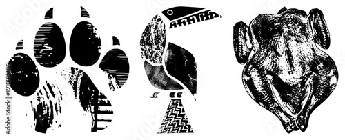 Graphic animal featuring toucan, chicken, and paw print with halftone shading, vector art, black and white, isolated design elements.