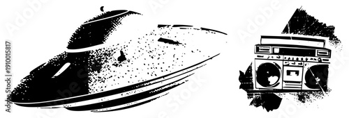 Vintage flying saucer and boombox rendered in black and white, halftone style, isolated graphic, nostalgic tech, sci fi and music culture.
