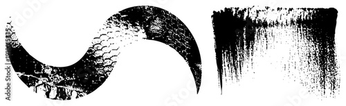 Stylized S shaped curve with reptile skin texture, paired with vertical brushstroke smear, vector art, graphic design element, halftone inspired.