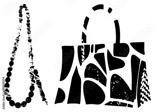 Stylized prayer beads with textured beads, abstract textile motif with fragmented shapes, graphic design, cultural symbol, spiritual, art.