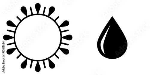 Black sunburst symbol and teardrop, minimalist graphic elements, isolated vector shapes for UI, web, print, or branding.