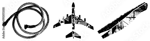 Stylized rope coil, airplane silhouette, biplane graphic bold black vector with textured strokes, isolated design elements for UI or branding.