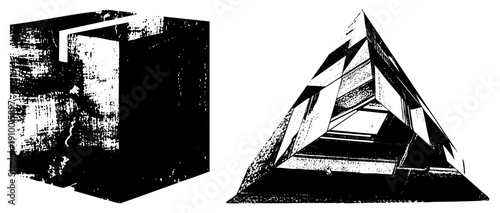 Abstract 3D shapes rendered in bold black and white, vector art with halftone texture, geometric forms, minimalist design, graphic illustration.