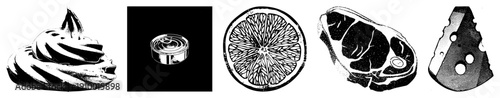 Vector of whipped cream swirl, tin can, citrus slice, meat cut, cheese wedge,, halftone style, isolated elements.