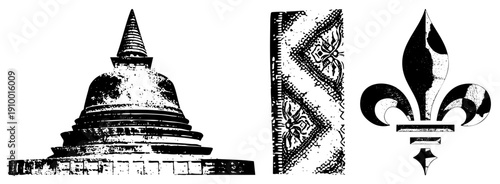 Religious stupa with tiered base and spire, decorative textile border with motifs, fleur de lis emblem, all rendered in halftone vector style.