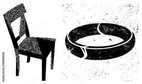 Black and white vector illustration of a wooden chair and ashtray, distressed halftone style, retro graphic design, isolated foreground elements.