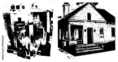 Classic farmhouse with front porch, window, chimney, textured walls, black and white halftone rendering, isolated vector illustration.