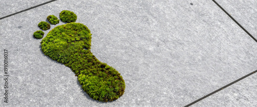 Vibrant green moss footprint shaped on a grey concrete pavement, illustrating environmental impact concept and sustainable living awareness