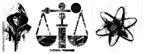 Masked protester with hood, justice scales with textured, atomic symbol with distressed. Protest, legal balance, science symbol.