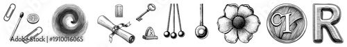 Classic engraved symbols antique key, rolled diploma, pendulum clock, stylized flower, monogrammed letter R, and paperclip set all rendered in detailed art with halftone shading.