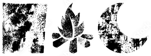 Stylized nature and celestial symbols with distressed texture, vector, rustic design, symbolic, black and white graphic elements.