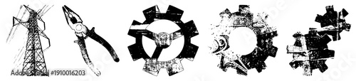 Power tower, pliers, gear wheels, mechanical symbols, industrial equipment, technical illustrations, distressed textures, engineering.