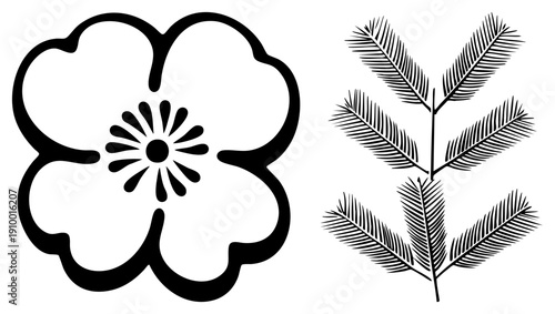 Stylized flower with five rounded petals and central stamen, paired with feathered fern fronds, vector art, botanical design, graphic element.