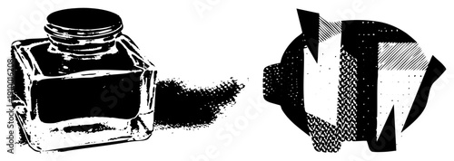 Classic glass inkwell with ink blot, stylized piggy bank with geometric, retro graphic design, vector illustration, financial savings.