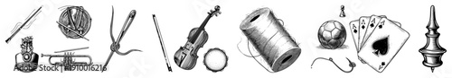 Collection of classic instruments like violin, trumpet, tambourine, and game items such as soccer ball, playing cards, and spinning top, rendered in vector style.