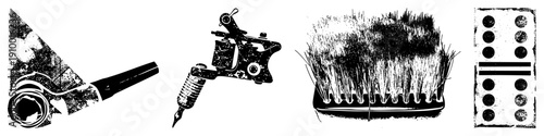 Tattoo gun with coil, bristle brush, tile, halftone texture, gritty vector art, isolated graphic elements, black and white design.