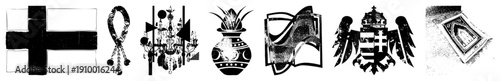 Historical coats of arms, decorative motifs,, antique emblems, symbolic designs,, cultural insignia.