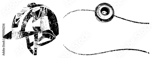 Stylized firefighter helmet with brim and strap, paired with classic bell, both rendered in distressed halftone style, vector graphic for safety or emergency themes.