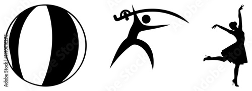 Black vector silhouettes of beach ball, juggler, and ballerina, stylized motion graphics, isolated figures, artistic poses, minimalist design.
