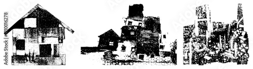 Ruined structures in decay stages, rubble piles, collapsed walls, urban demolition, architectural collapse, post disaster ruins.