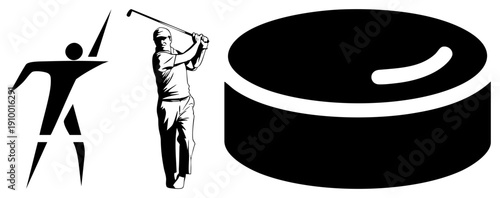 Silhouetted golfer mid swing, stylized hockey puck, sport, athletic symbols, vector graphics, black and white design, isolated elements.