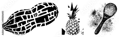 Black and white vector of peanut,, and spoon with halftone texture, graphic design elements, food symbols, stylized shapes, isolated foreground.