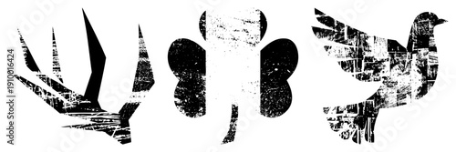 Distressed vector featuring deer antlers, four leaf clover, and bird silhouette with gritty texture, ideal for rustic or vintage design projects.