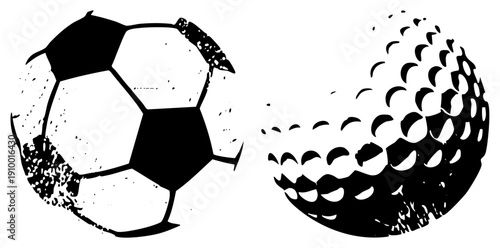 Black and white vector graphic of soccer ball and golf ball, stylized with rough edges and grainy texture, sports equipment, athletic symbols.