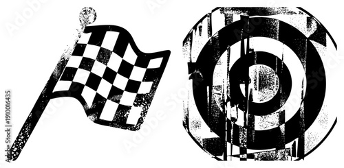 Racing checkered flag waving beside target bullseye, motorsport victory symbol, racing, halftone texture, competitive finish, sport graphics, vector art.