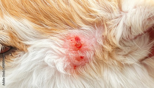 Close-up of a dogs skin with a red, inflamed lesion, possibly a hot spot or allergic reaction.