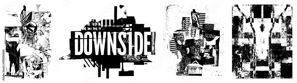 Obraz premium Fragmented graphic composition with sharp angles, layered shapes, and bold text “DOWNSIDE,” rendered in halftone and stencil styles, ideal for urban or punk aesthetics.