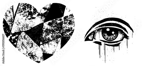 Fragmented heart symbolizing loss, weeping eye conveying sorrow, black and white halftone texture, emotional vector illustration, graphic design elements.
