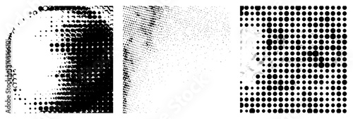 Vector halftone forming gradients, dot density variation, graphic design elements, isolated shapes, rgba transparency, stylized textures, digital art motifs.