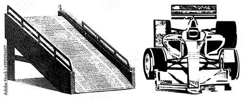 Front view of F1 race car with aerodynamic wings and wheels, alongside stadium ramp with railings, halftone style, isolated graphic elements.
