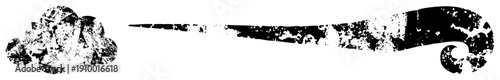Distressed black and white graphic with cloud cluster and elongated scrollwork, halftone texture, vector art, isolated design elements.
