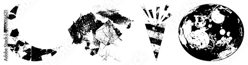 Fragmented circular forms, stylized celestial, halftone textures, graphic design elements, vector art, composition, isolated shapes.