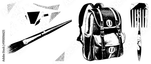 Classic backpack with straps, artist paintbrush with bristles, vintage hair comb, all rendered in halftone dot, vector art for design projects.