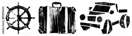 Nautical helm, travel suitcase, geometric, halftone, retro travel, vector graphic elements, isolated design assets.