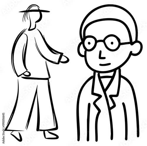 Simplified human characters in style, one gesturing toward another, minimalist sketch, cartoonish figures, vector illustration, communication concept.