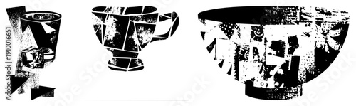 Stylized broken teacup and mug with halftone texture, graphic design elements, vector art, isolated cutout, aesthetic, modern illustration.