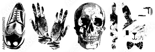 Vector illustration of gritty, textured dress shoe, hands, skull, rabbit with bowtie. Urban, edgy, halftone aesthetic. Perfect for graphic design, tattoos, or apparel.