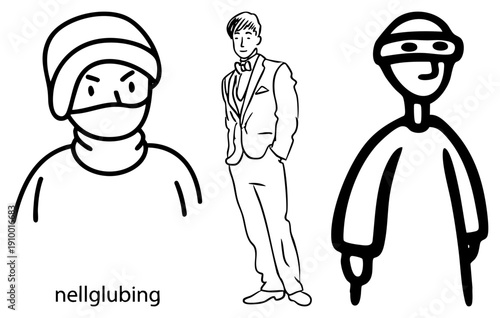 Three illustrated figures angry masked person, formal suit man, smiling ninja. Simple art, expressive faces, vector characters, isolated foreground.