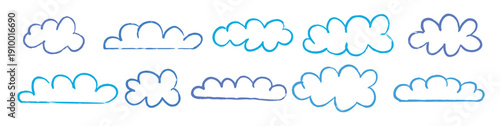 blue crayon cloud shapes collection hand drawn doodle set