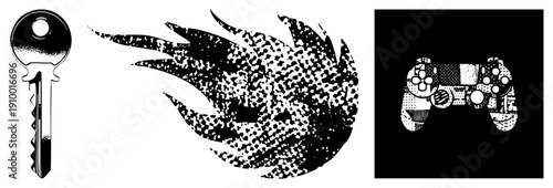Key with fiery aura, gaming controller with halftone textures, vector, digital art, stylized symbols, gamepad, ignition motif.
