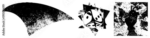 Stylized die with halftone, abstract curved form, fragmented geometric shapes, graphic design elements, vector art composition.