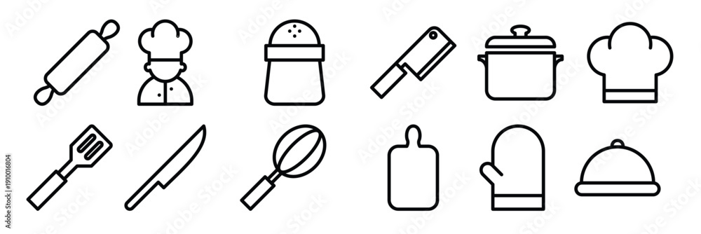Fototapeta premium Chef Cooking Utensils Linear Icon Collection