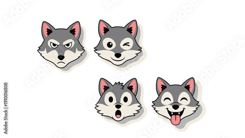 Cartoon Wolf Head Expressions Set: Angry, Winking, Surprised, Happy. Cute vector animal emotion icons.