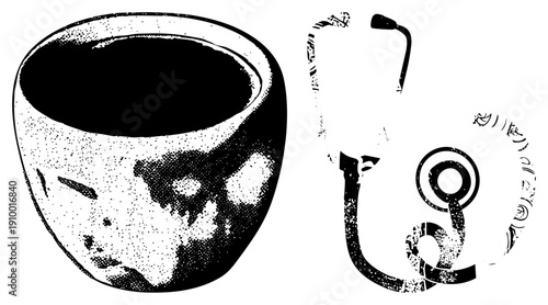 Medical stethoscope beside coffee cup, halftone style, black and white, healthcare and caffeine, medical illustration, vector graphic.