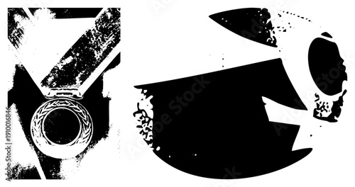 Black and white vector graphic featuring a textured medal with laurel wreath and abstract human profile, halftone grain effect, isolated cutout design.